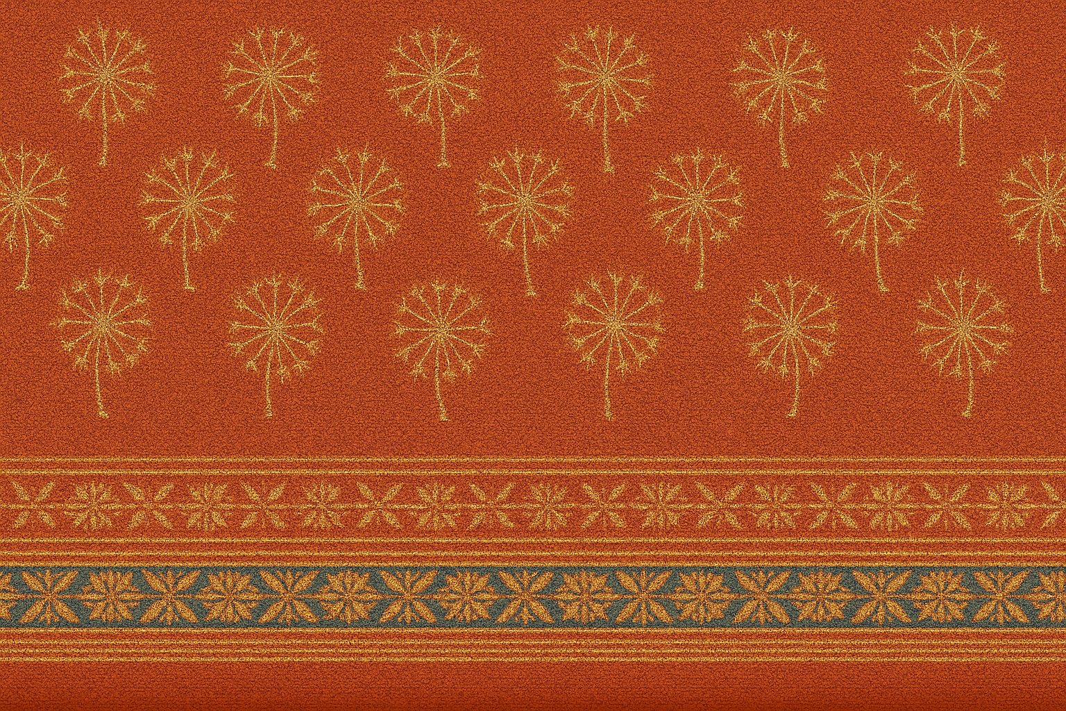 Textile-style digital illustration featuring rows of stylised golden dandelions set against a rich terracotta background. The lower portion includes decorative horizontal bands with intricate flower-like patterns, echoing traditional South Asian weaving motifs.