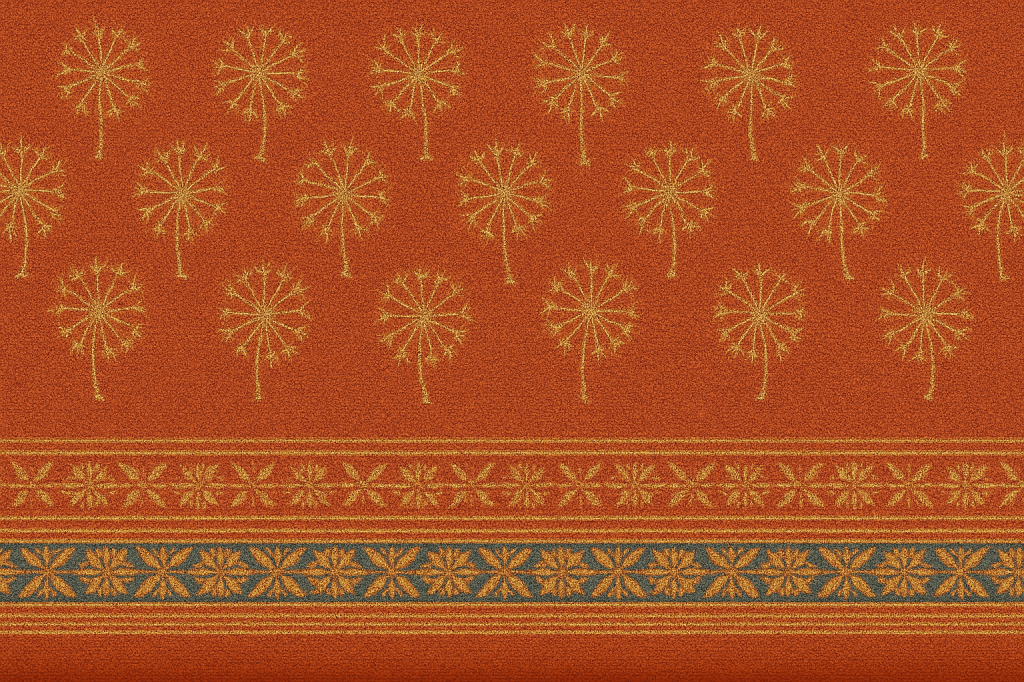 Textile-style digital illustration featuring rows of stylised golden dandelions set against a rich terracotta background. The lower portion includes decorative horizontal bands with intricate flower-like patterns, echoing traditional South Asian weaving motifs.