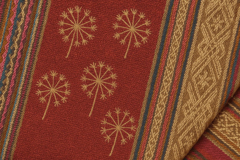 Textured woven fabric featuring stylised golden dandelions embroidered on a deep red background. The textile is bordered by traditional Andean-inspired patterns in earthy tones—gold, brown, pink, blue, and orange.