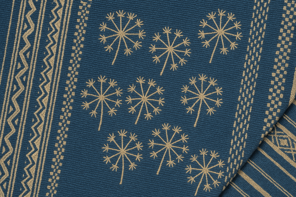 Woven textile featuring a pattern of golden dandelions on a deep blue fabric. The design includes vertical decorative bands with zigzags, checkered lines, and geometric motifs, evoking traditional weaving styles from West Africa.