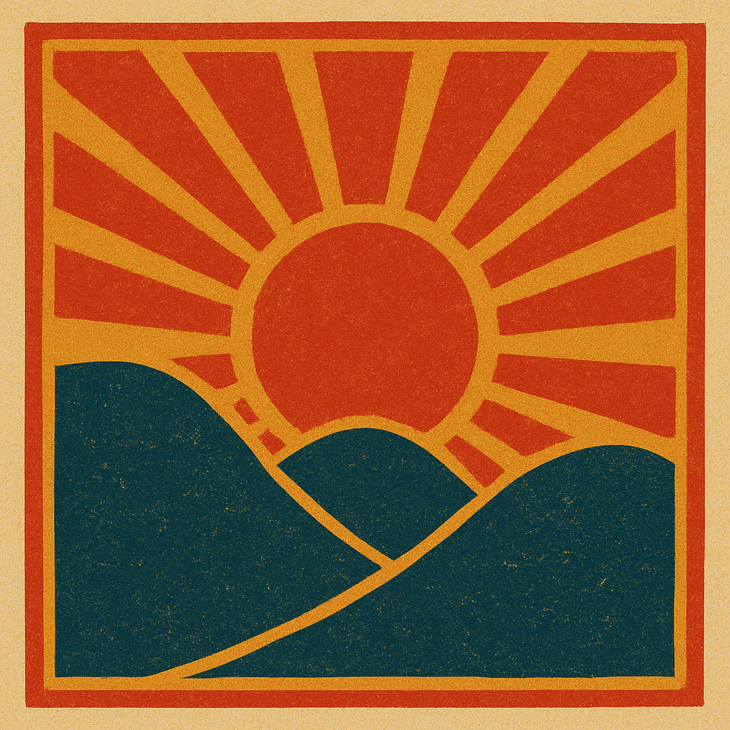 Sun rising over three hills in orange, red, and dark teal.