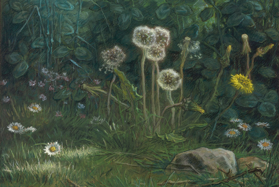 Close-up painting of dandelions and small wildflowers growing among dense green leaves and grass.