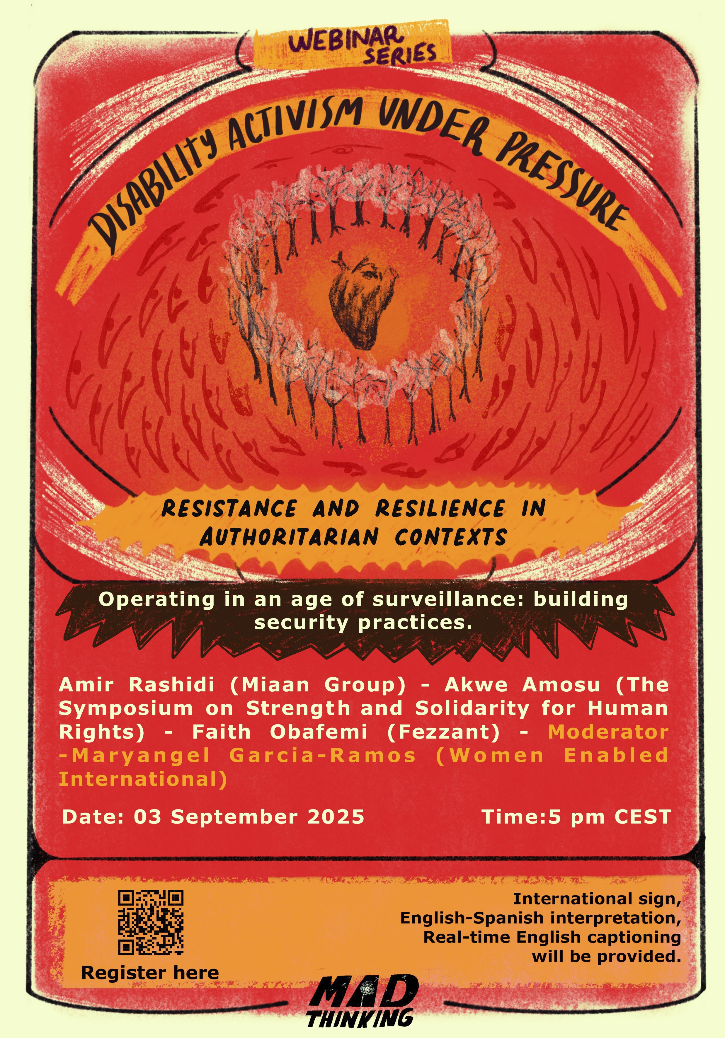 Poster for the webinar Operating in an age of surveillance. Speakers: Amir Rashidi (Miaan Group), Akwe Amosu (The Symposium on Strength and Solidarity for Human Rights), Faith Obafemi (Fezzant). Moderator: Maryangel Garcia-Ramos (Women Enabled International). Date: 3 September 2025, 5 PM CEST.