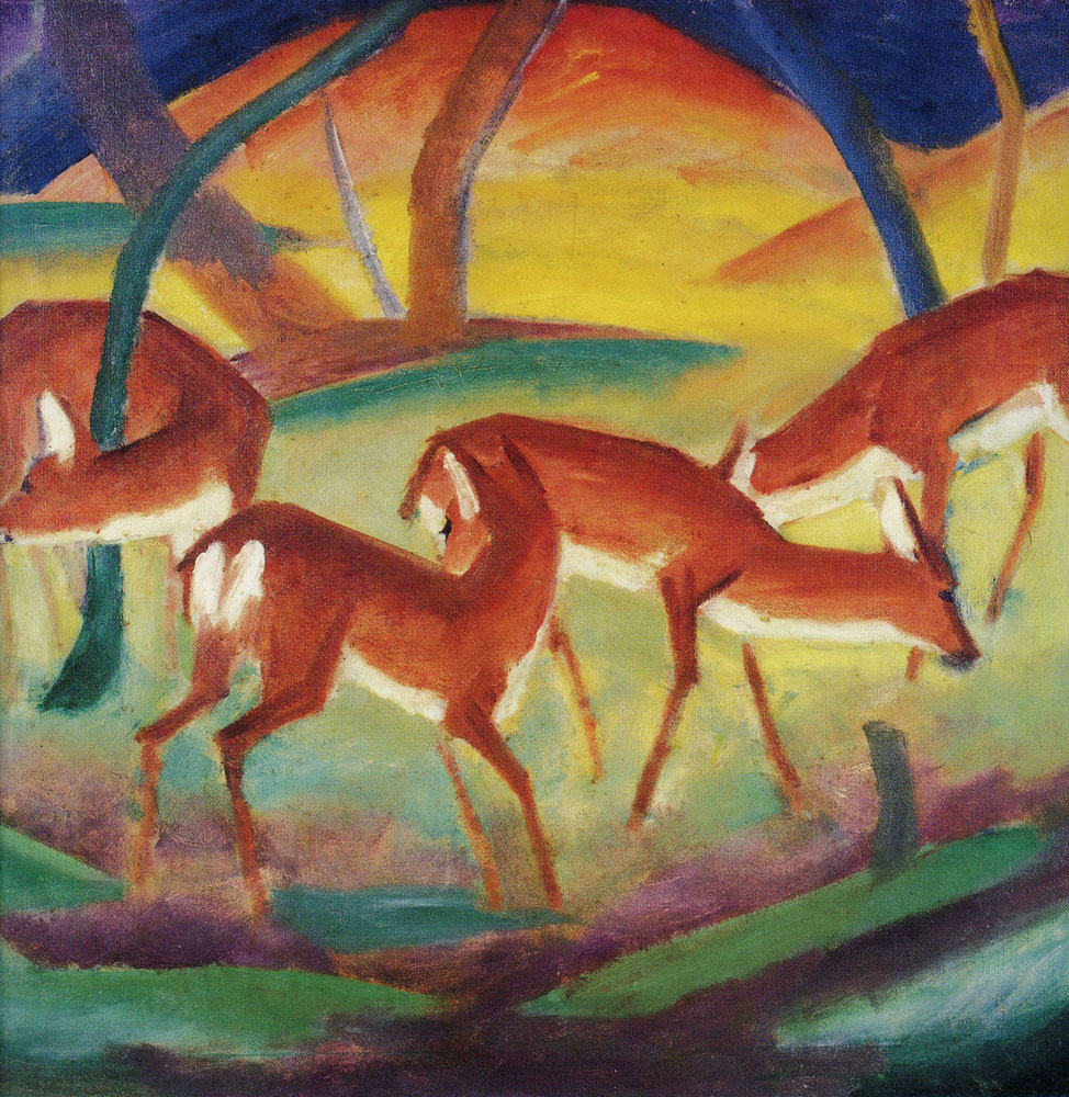 Expressionist painting of five red deer with white tails grazing in a stylised forest, set against a vivid yellow and orange sky, by Franz Marc.