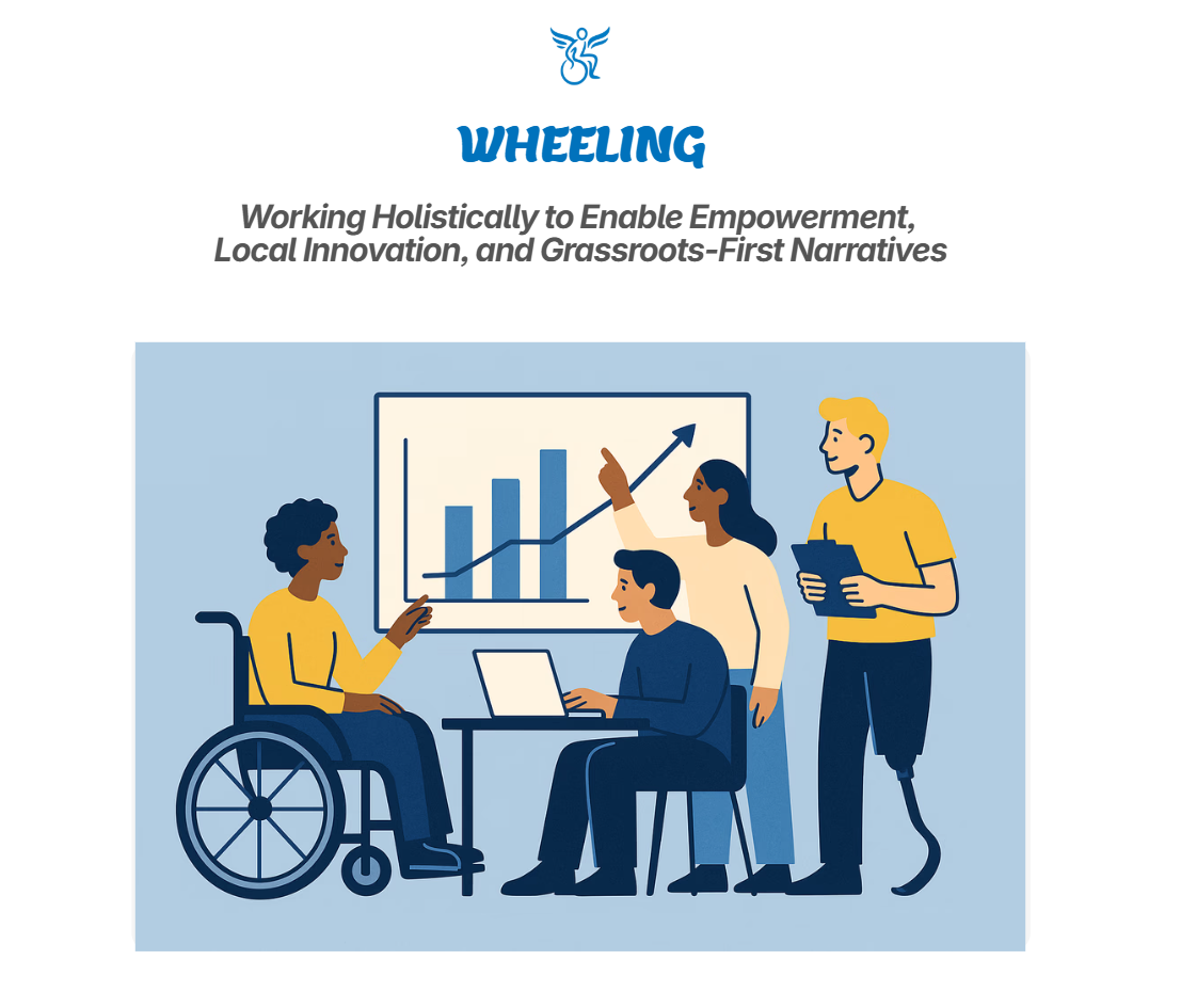 A screenshot from a satire website. At the top there is a small stylised logo of a person with wings using a wheelchair. The text reads "WHEELING: Working holistically to enable empowerment, local innovation, and grassroots-first narratives". Below the text is a graphic of a diverse group of people including people using a wheelchair and a prosthetic leg pointing at a graph.