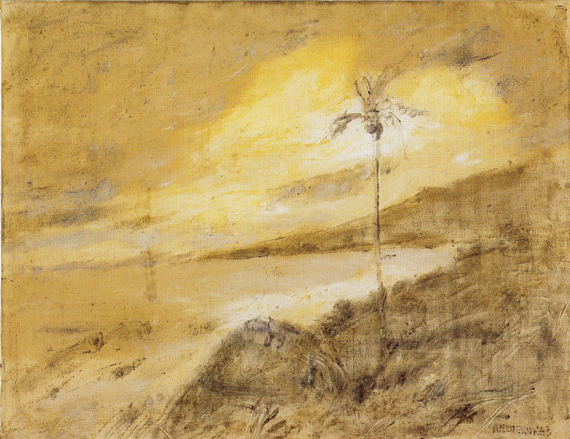 Abstract landscape in warm yellow and ochre tones, with a lone palm tree against a bright sky.