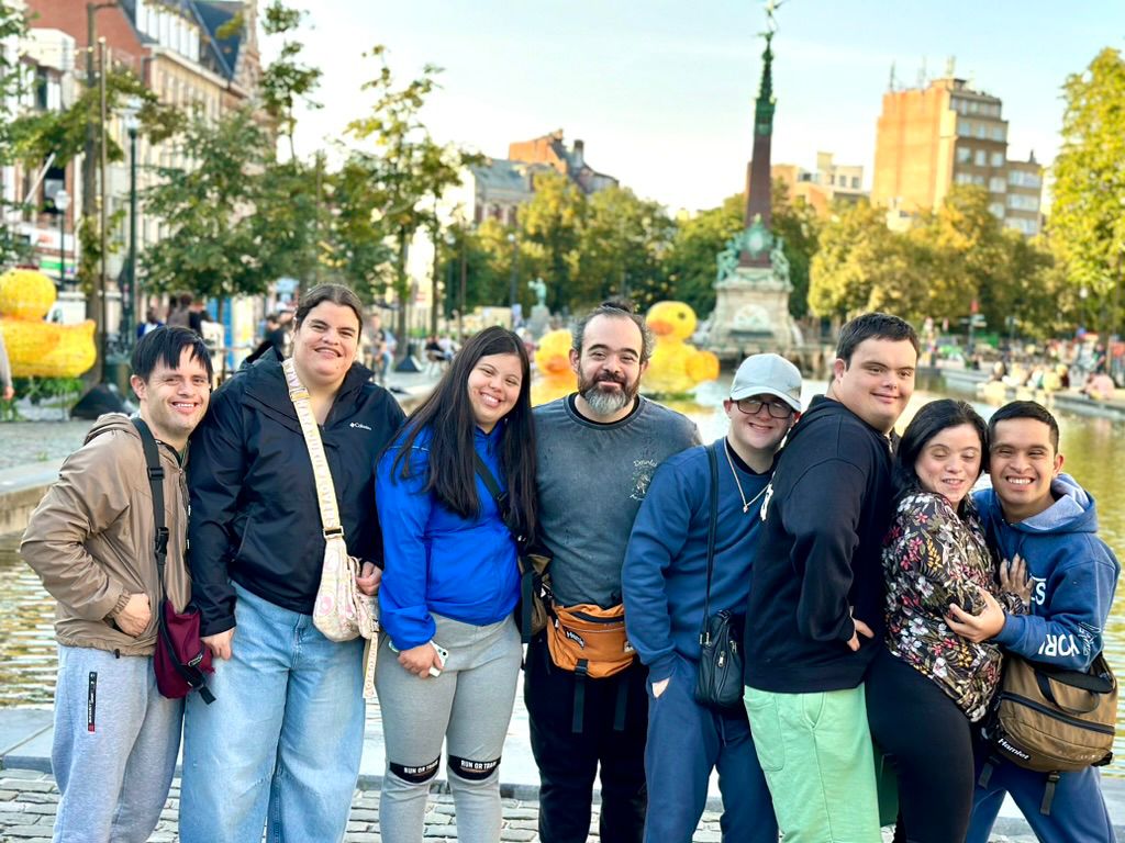 Actors from the Hamlet cast pose together by the Anspach Fountain in Brussels.
